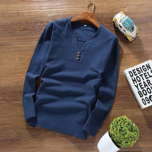 2019 spring new style Long sleeves mens T-shirt Cotton and linen t shirts men's High quality of casual fashion T-shirts men