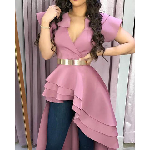 Elegant ruffles layered party blouse Women short sleeve pink peplum tops Sexy long womens blouses Summer 2019 runway blusas