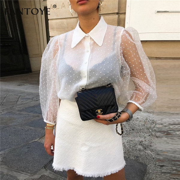 Fantoye 2019 Summer Women Chiffon Blouse Shirt Sexy Transparent Mesh Beading Puff Sleeve Female office Shirts Lady Blusa Outfits