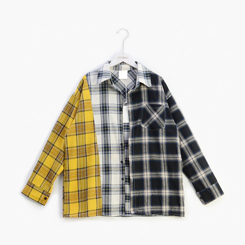 ALLKPOPER KPOP  Plaid Shirt Women Bangtan Boys SUGA Blouse Korea Fashion Plus Size Casual Spring Autumn Splice Shirts