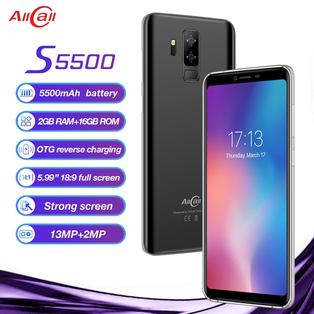 Original AllCall S5500 5.99" 18:9 5500mAh Battery Android 8.1 MTK6580M Quad Core 2GB RAM 16GB ROM 13.0MP+2MP Cameras Smartphone