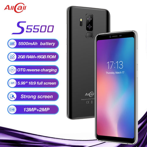 Original AllCall S5500 5.99" 18:9 5500mAh Battery Android 8.1 MTK6580M Quad Core 2GB RAM 16GB ROM 13.0MP+2MP Cameras Smartphone