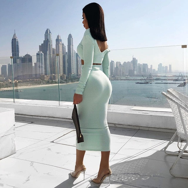 NewAsia Sexy Two Piece Set V-neck Long Sleeve Crop Top Long Skirt Set Party Summer Clothes For Women Two Piece Outfits 2019 New