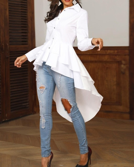 Women Elegant Office Work Solid Turn-down Collar White Shirt Casual Top Layered Flounced Dip Hem Asymmetrical Blouse
