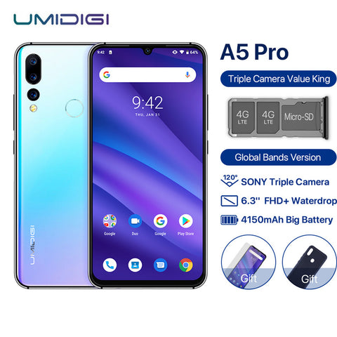 UMIDIGI A5 PRO Android 9.0 Octa Core 6.3&#39; FHD+ Waterdrop 16MP Triple Camera 4150mAh 4GB RAM 32GB ROM 4G Celular Smartphone