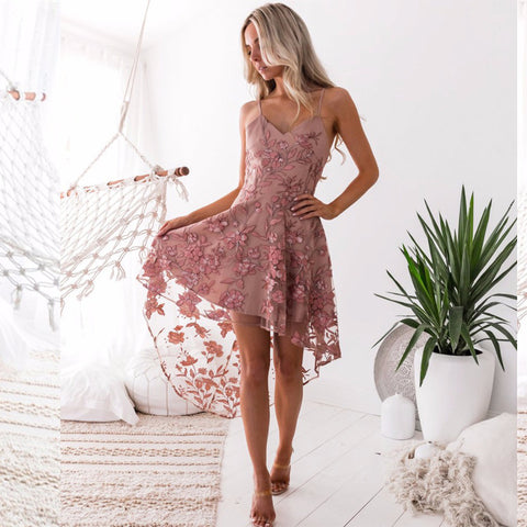 Sexy irregular Pink Lace Summer Dress vestidos de fiesta Women Dress Sexy Floral Print chiffon Dress Short Party Beach Dress