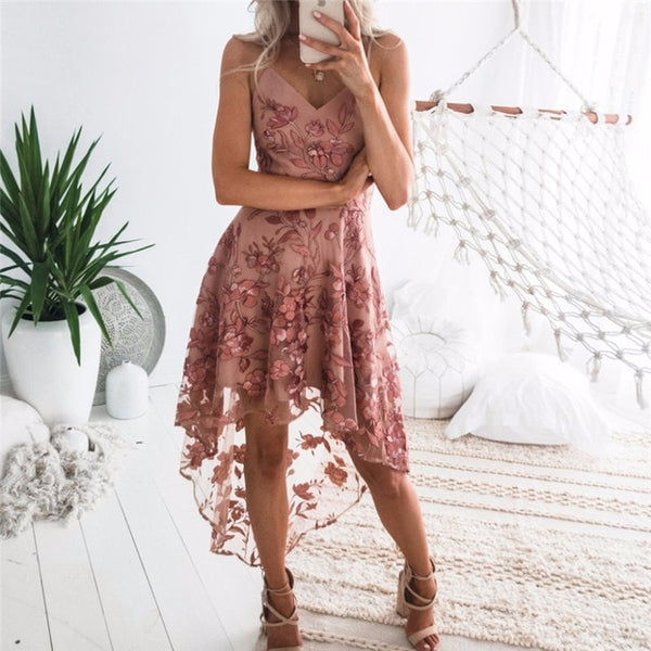 Sexy irregular Pink Lace Summer Dress vestidos de fiesta Women Dress Sexy Floral Print chiffon Dress Short Party Beach Dress
