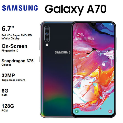 New Samsung Galaxy A70 6.7" AMOLED Infinity Display 4500mAh Battery 32MP Triple Rear Camera Snapdragon 675 128G ROM Android