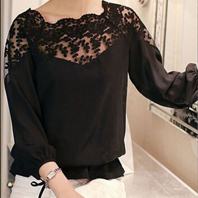 Hot Sell Lace Hollow Collar Chiffon Blouse Fashion Women Backless Three Quarter Sleeve Ladies Girl White Black Cosy Tops Shirts