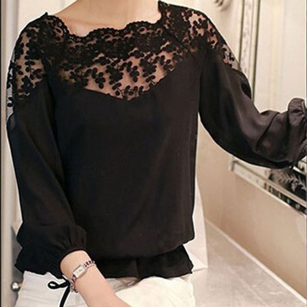 Hot Sell Lace Hollow Collar Chiffon Blouse Fashion Women Backless Three Quarter Sleeve Ladies Girl White Black Cosy Tops Shirts